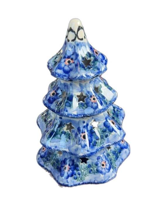Ceramika Artystyczna Polish Christmas Tree Luminary Tea Light Blue Floral 8”